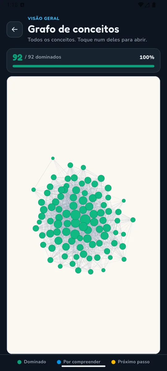 Grafo de conceitos do aplicativo, com os nós dominados em verde e as ligações entre eles.