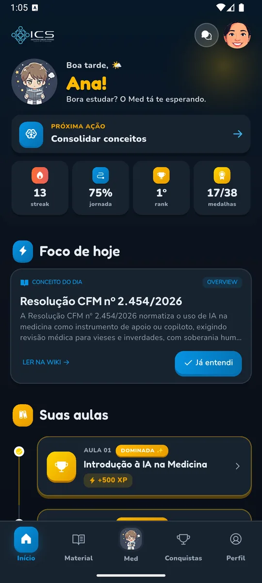 Tela inicial do aplicativo ICS Academy, com a próxima ação, a sequência de estudo e a trilha das aulas.