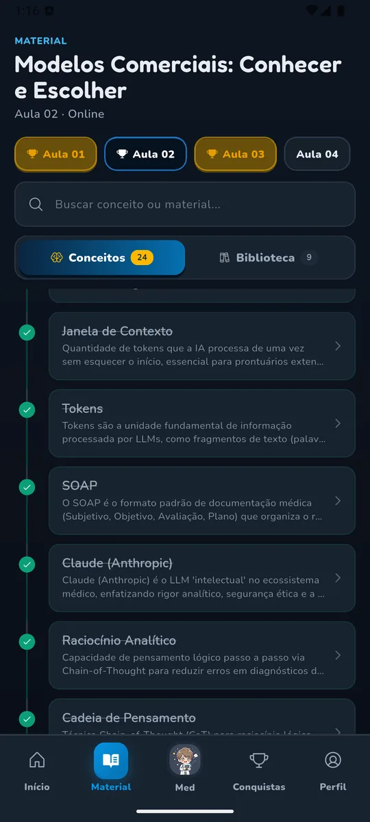 Tela de material do aplicativo com os conceitos da aula e o progresso de prontidão para a prova.