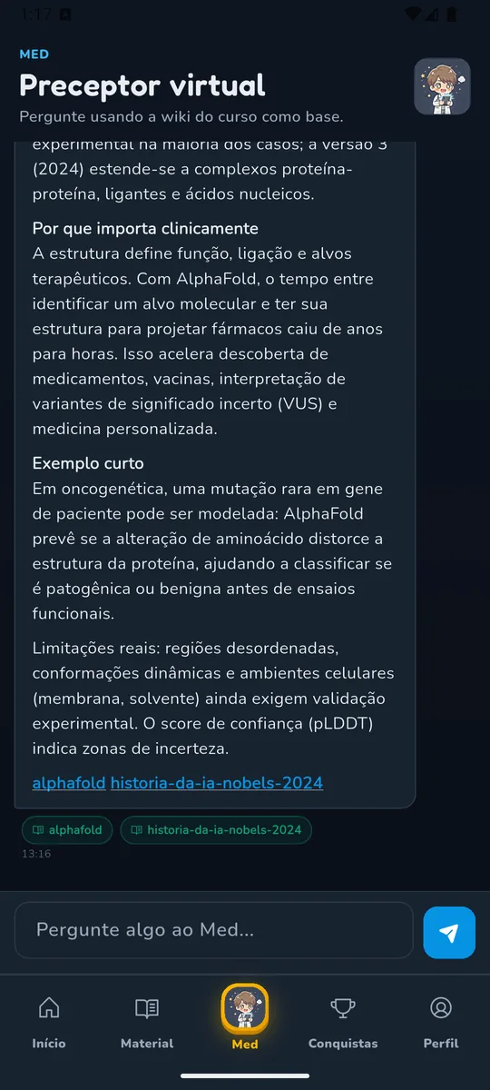 Conversa no aplicativo com o Med explicando AlphaFold e citando os conceitos da wiki que sustentam a resposta.